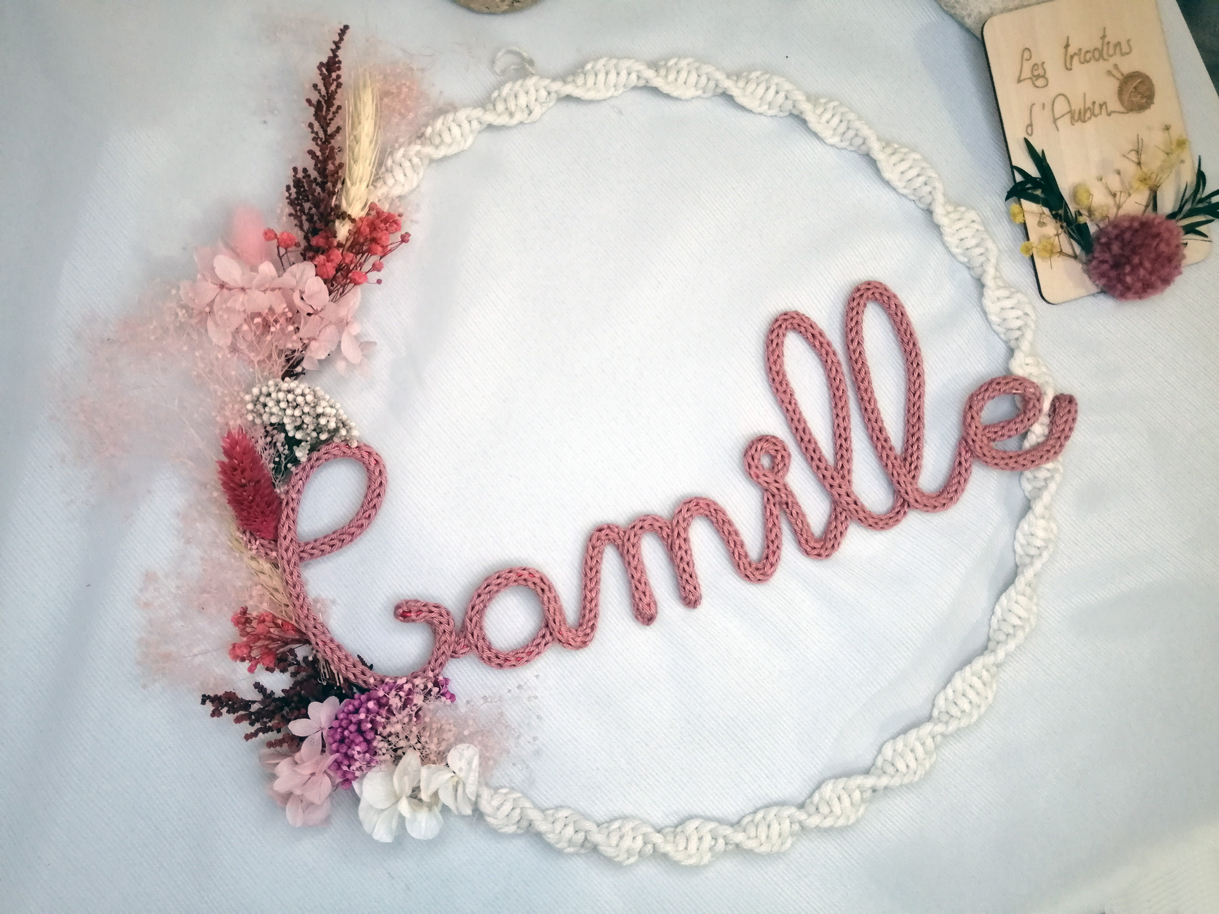 Couronne macramé bohème Camille en tricotin vieux rose