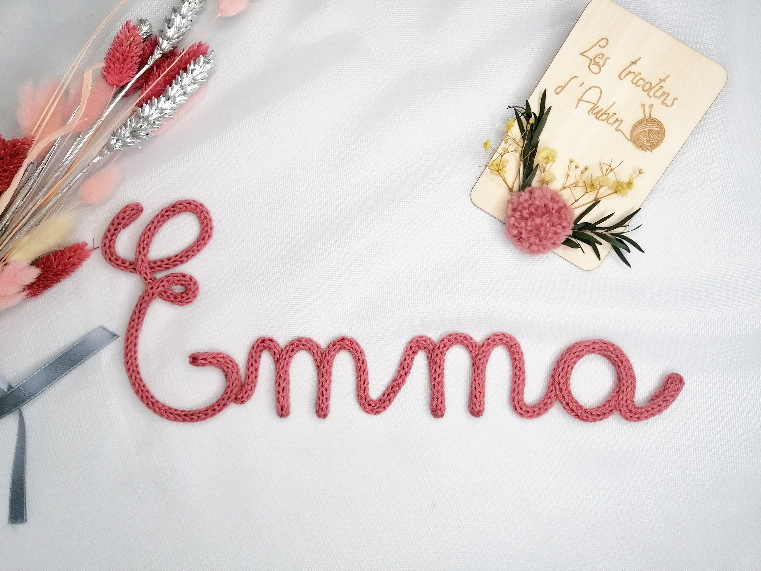 Prénom en tricotin Emma vieux rose foncé