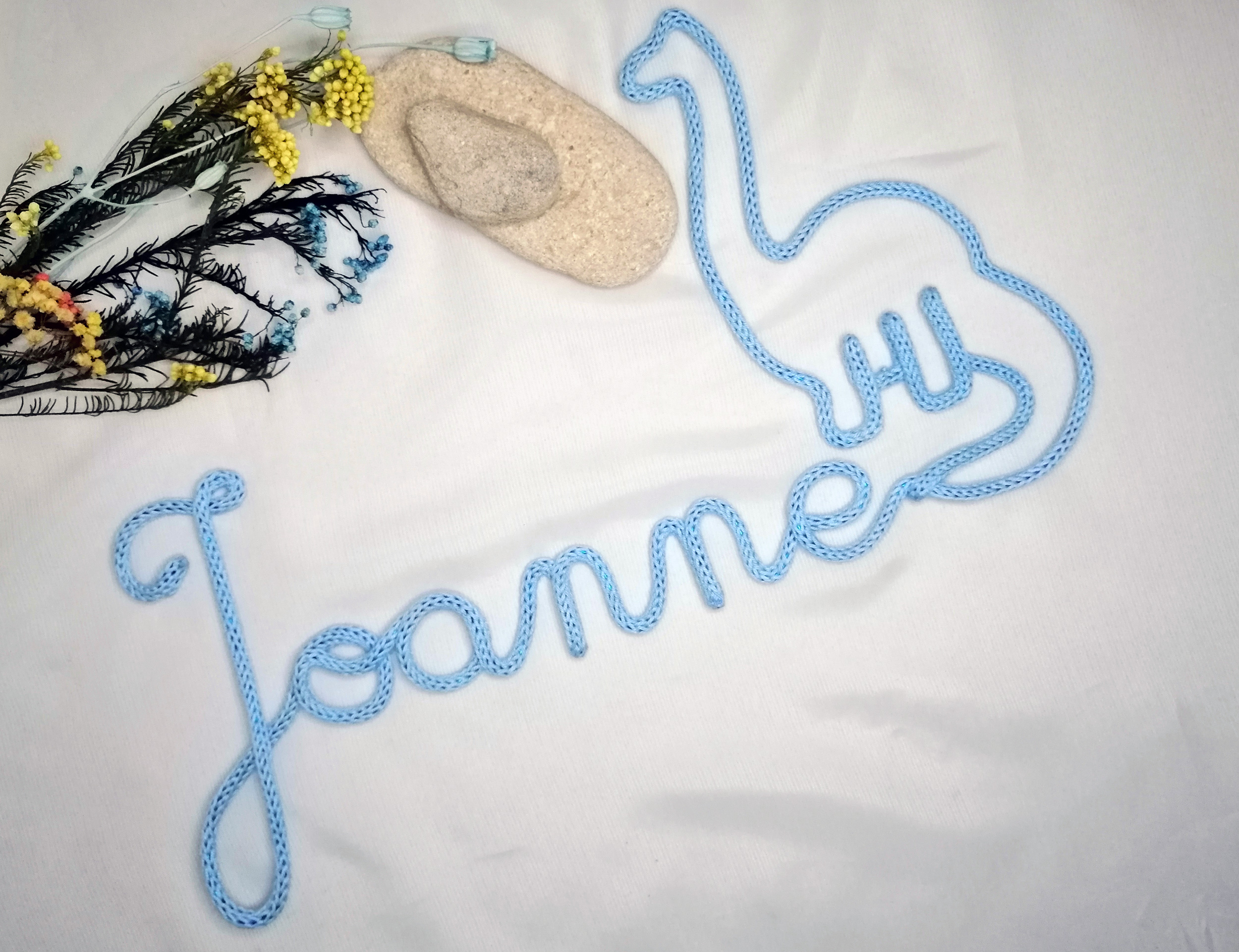 Prénom en tricotin et son dinosaure
