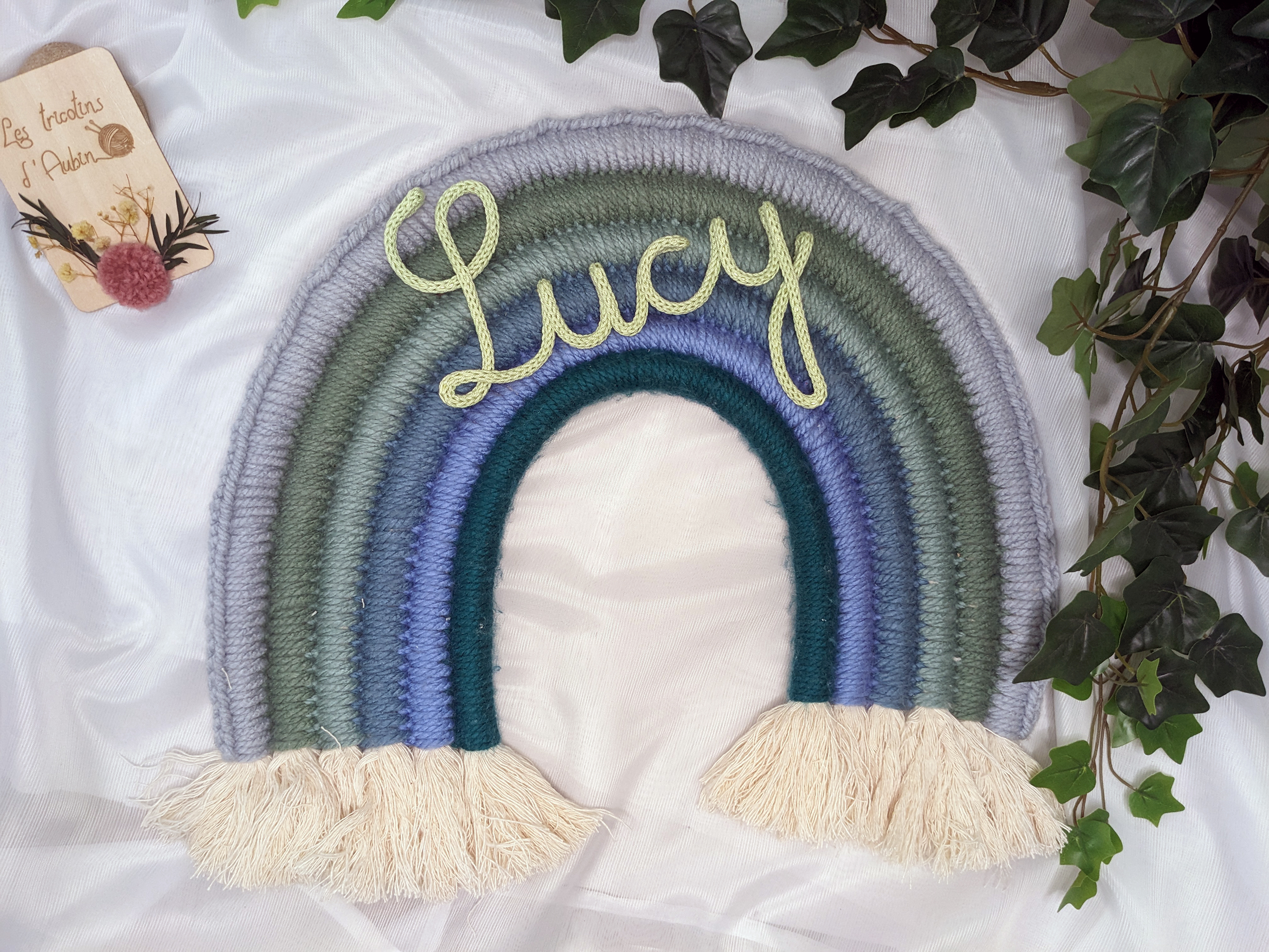 Arc en ciel macramé géant bleu, canard, gris avec prénom en tricotin ou en bois
